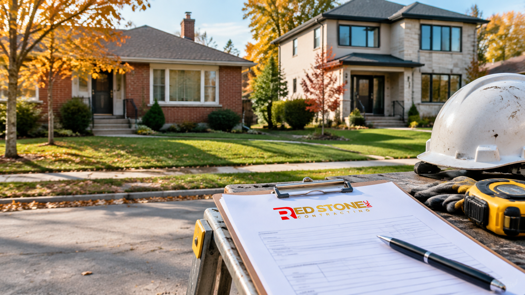 Early autumn street of varied Halton homes showing why renovation contractors Halton Region comparisons matter