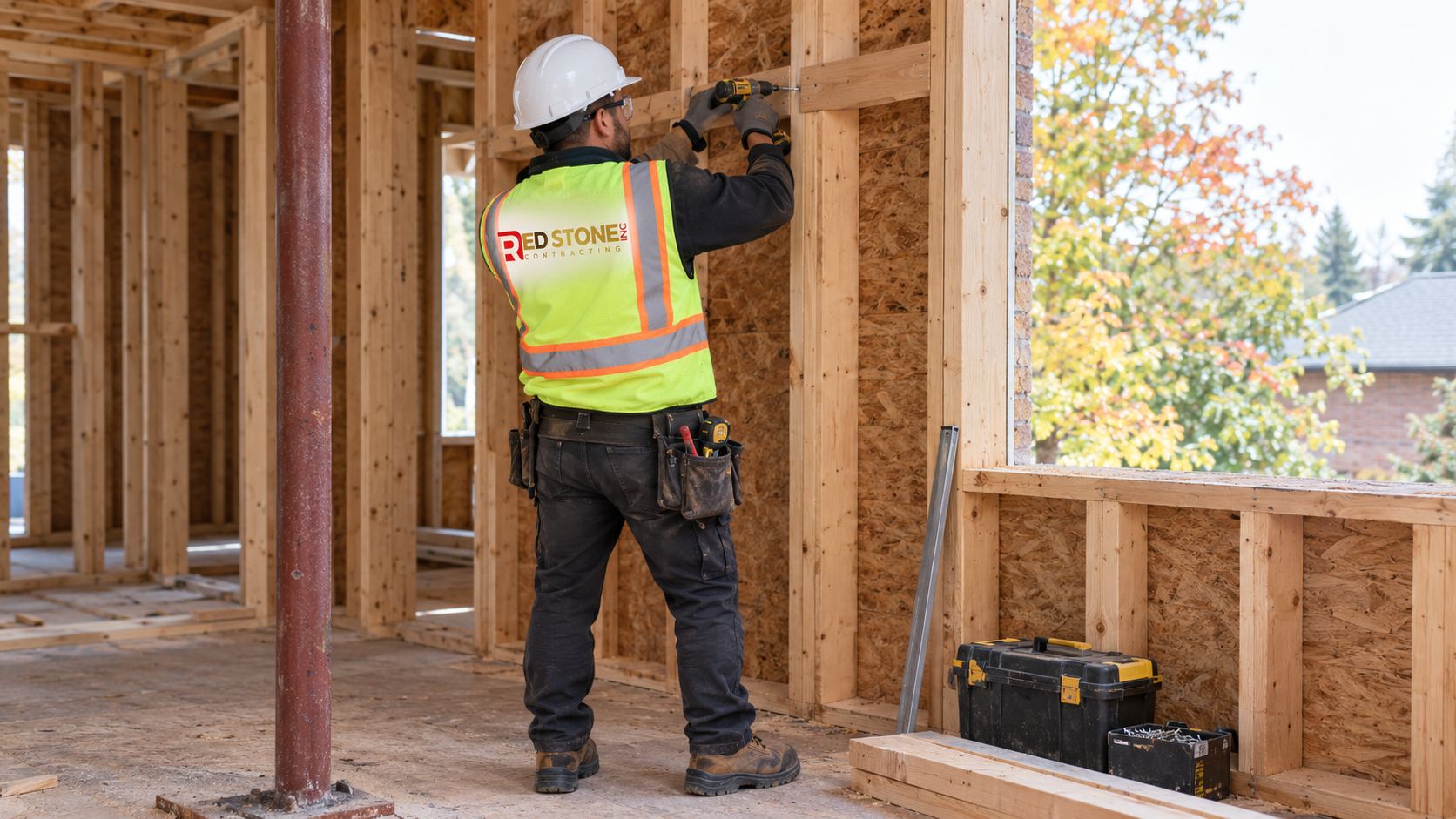 Tradesperson in safety gear framing an interior wall, the kind of work renovation contractors Halton Region crews handle