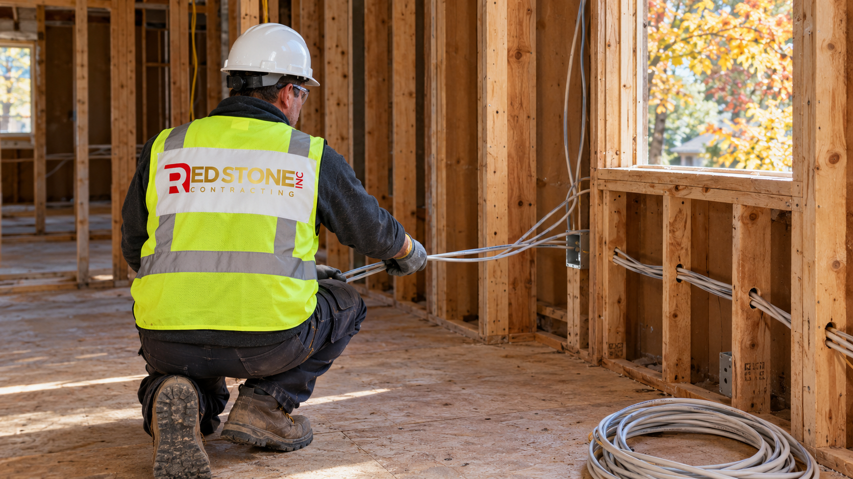 Tradesperson installing new electrical rough-in during a home renovation Oakville project in an older house