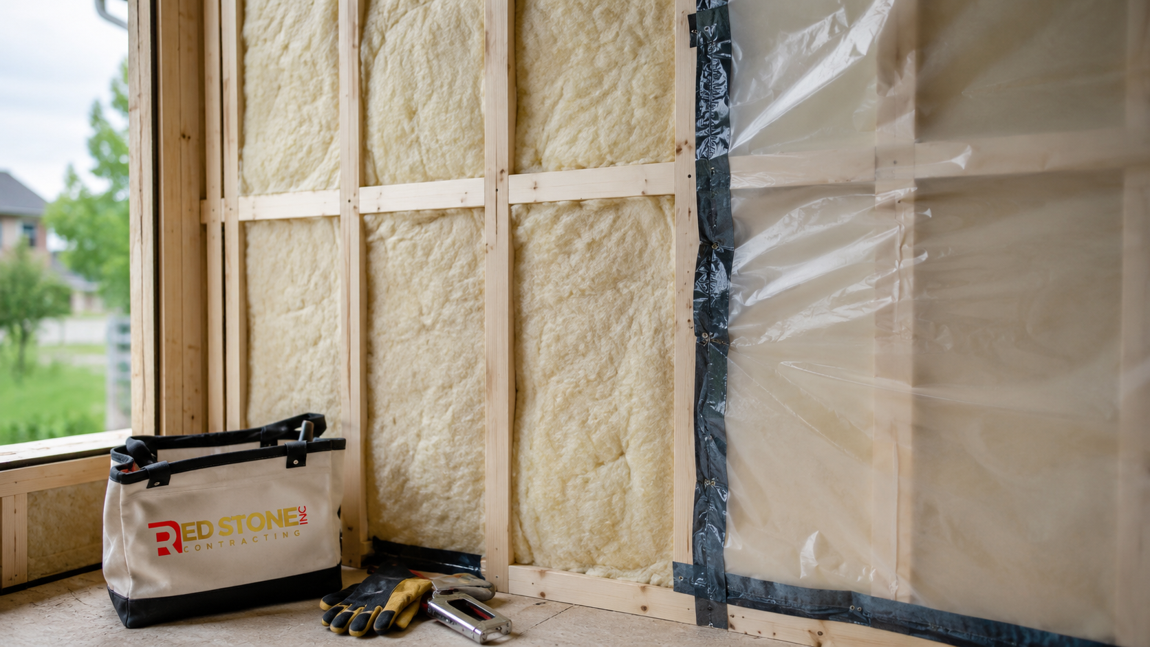 Detail of new insulation and vapour control in a wall assembly from a home renovation Burlington upgrade