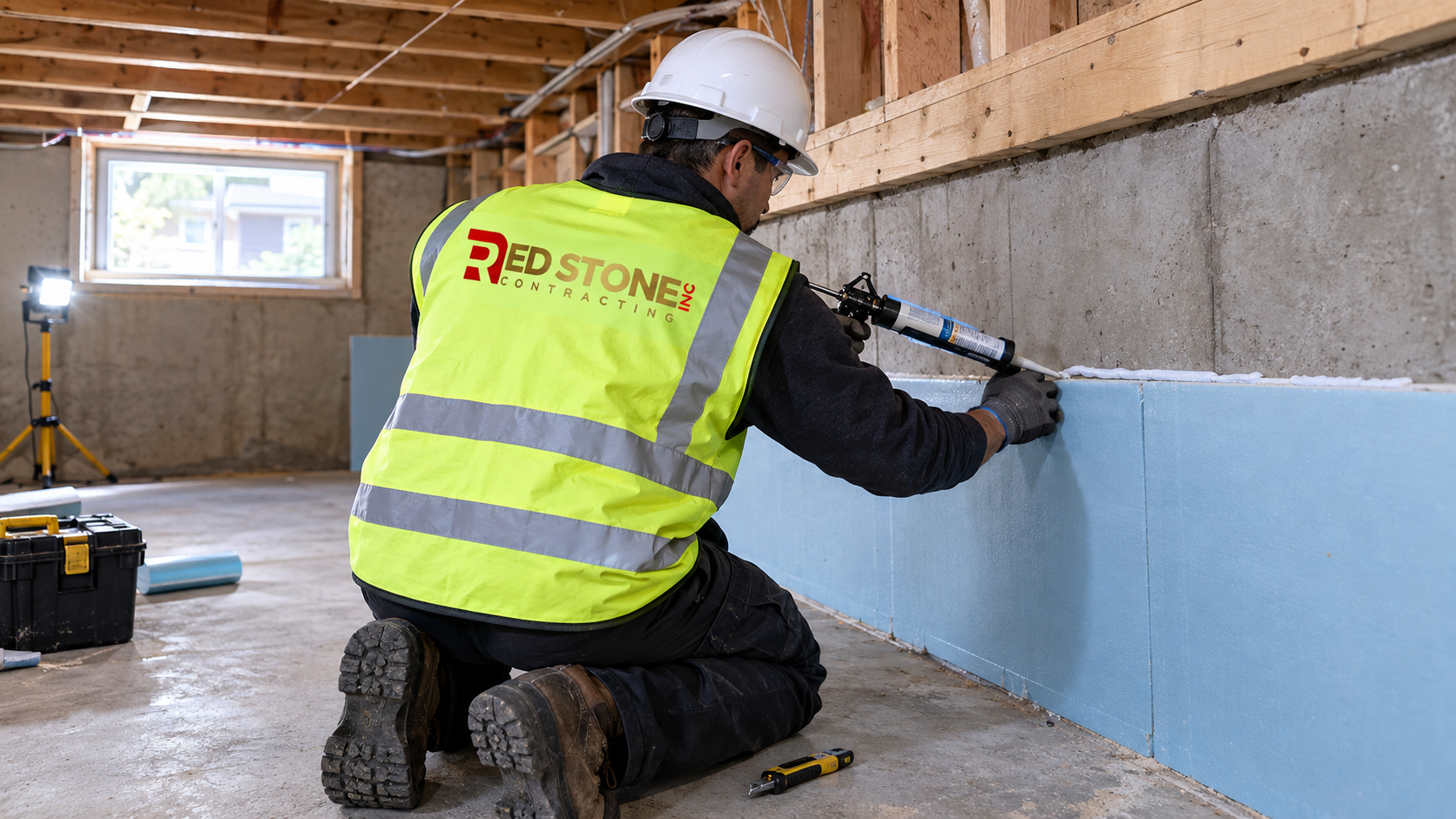 Tradesperson air sealing a rim joist during a home renovation Burlington project in an older house