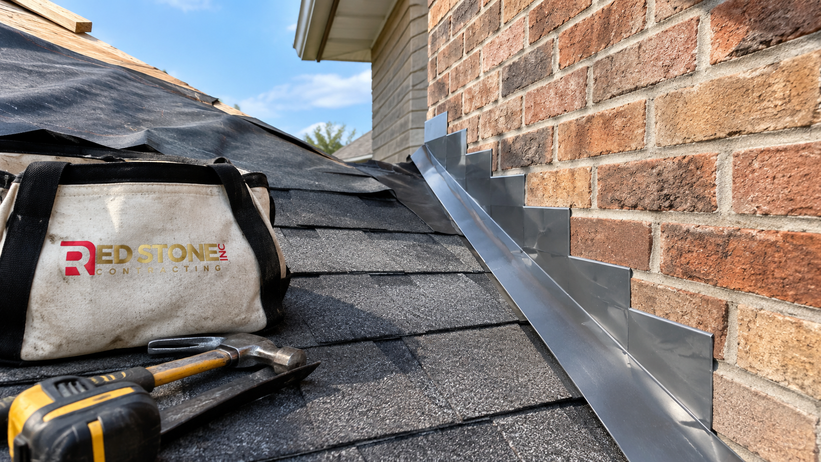 Detail of roof tie-in flashing where a new addition meets an existing house on a home additions Burlington build