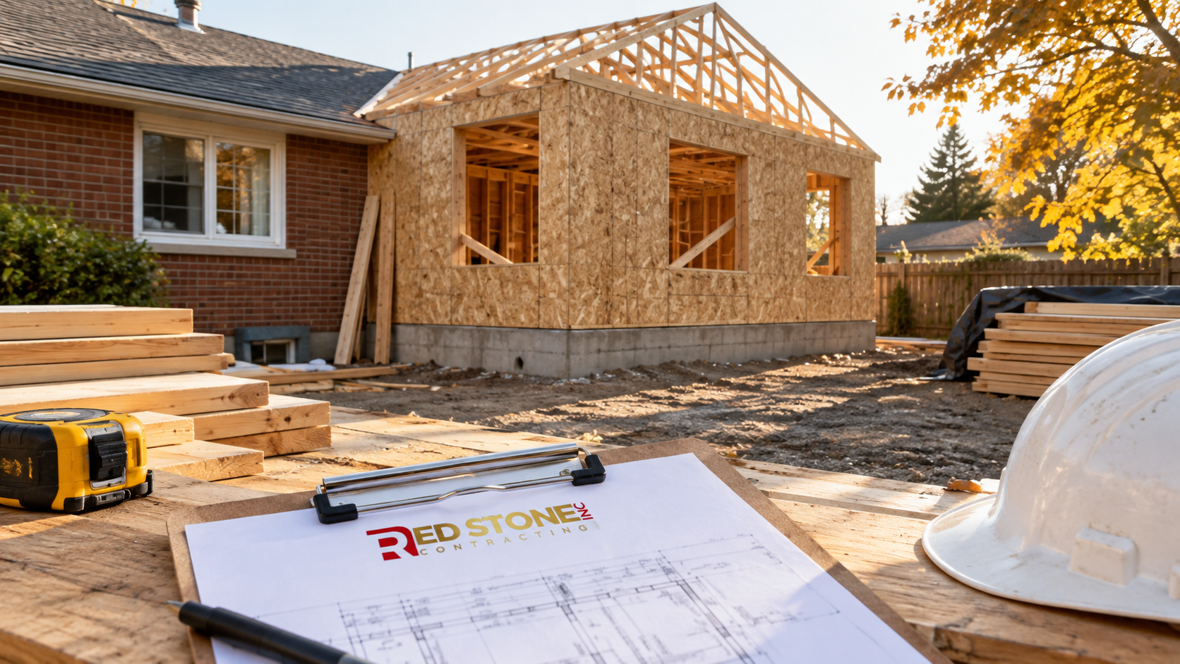 Early autumn Burlington backyard with a rear addition under construction showing home additions Burlington scope