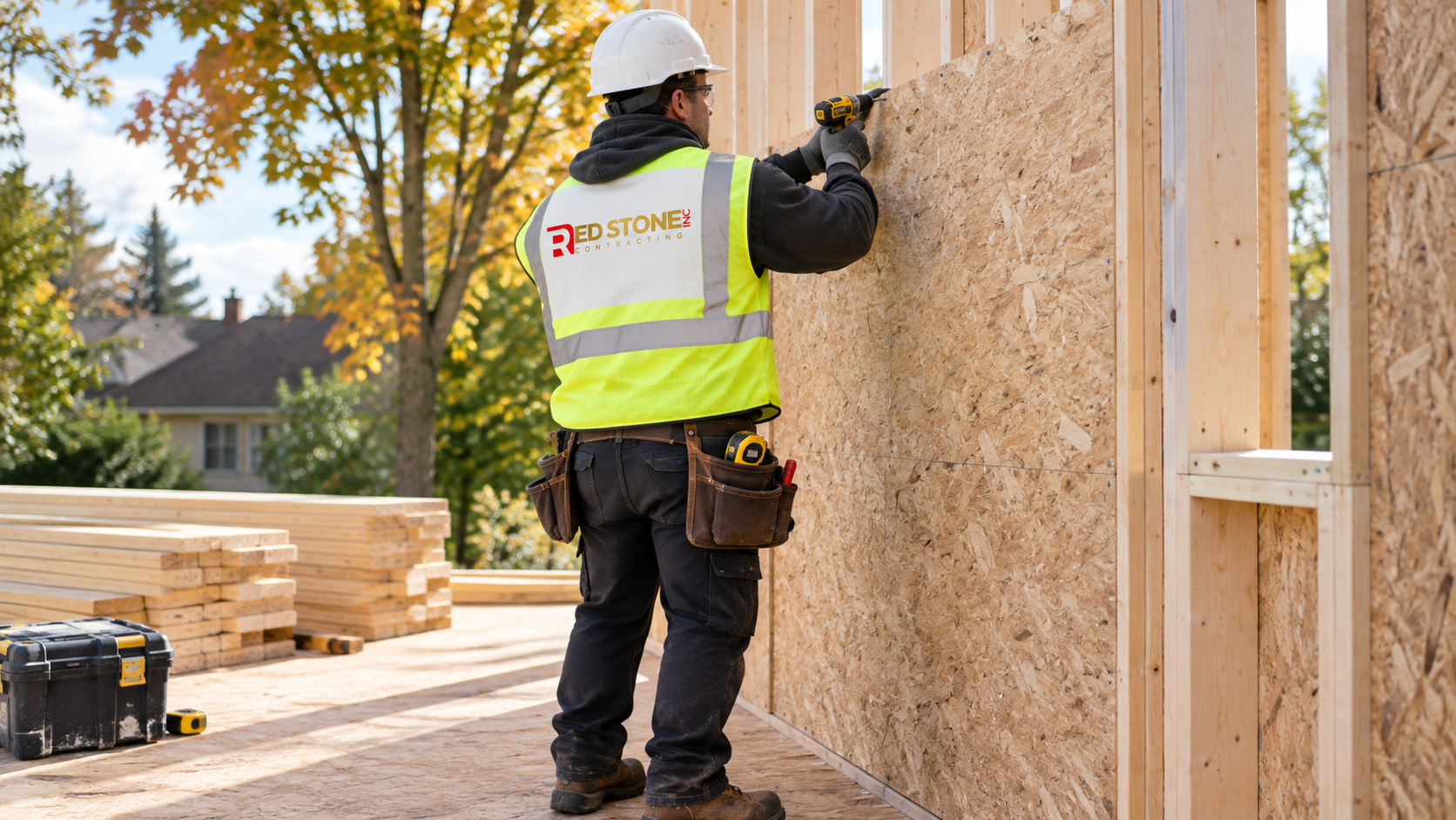 Carpenter framing an exterior wall on a home additions Burlington project in early autumn
