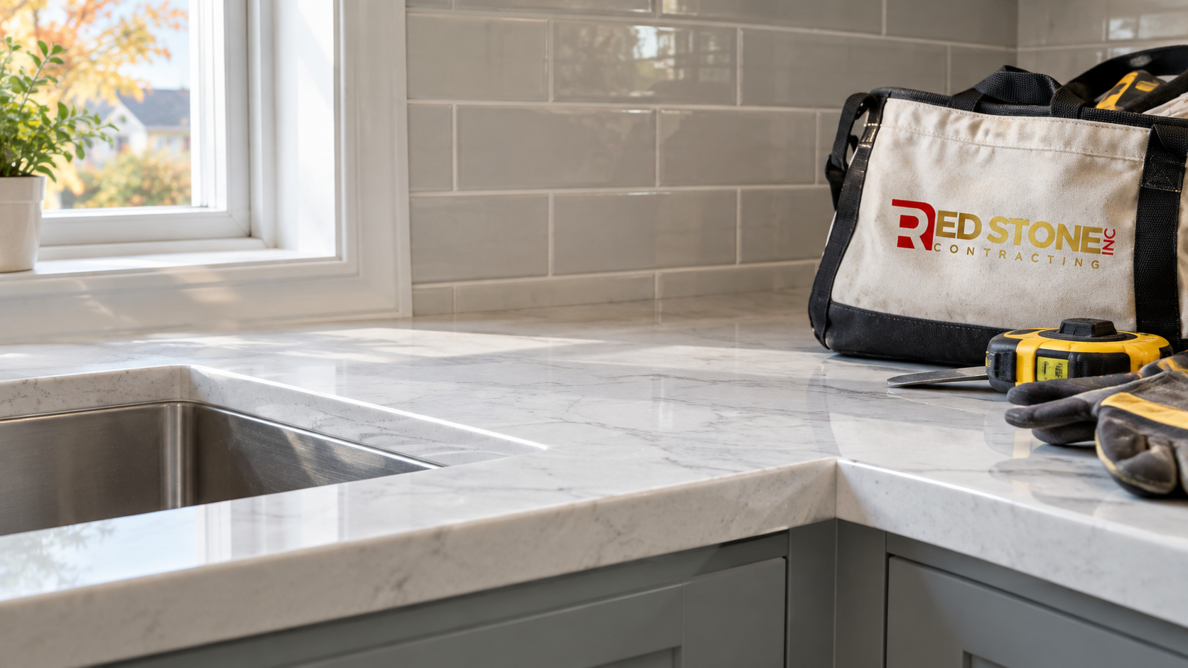 Detail of stone countertop meeting new cabinetry after a kitchen renovation Milton installation