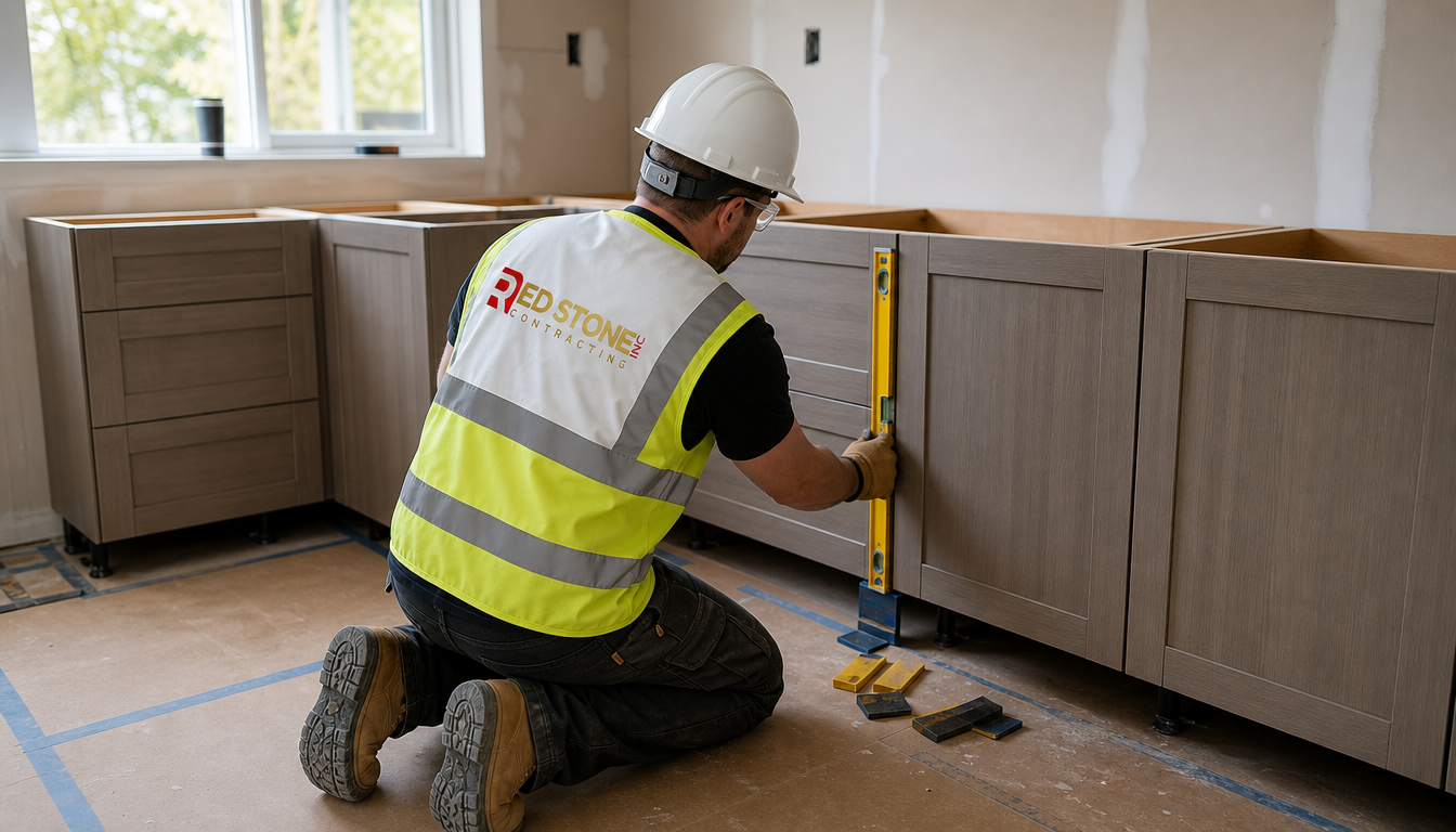Cabinetmaker levelling new base cabinets during a kitchen renovation Milton installation