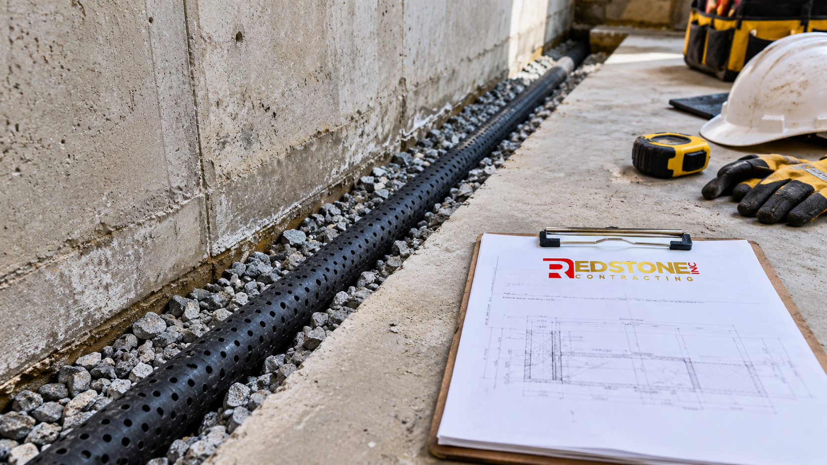 Detail of a perimeter drain and sump installation from a basement renovation Milton moisture correction