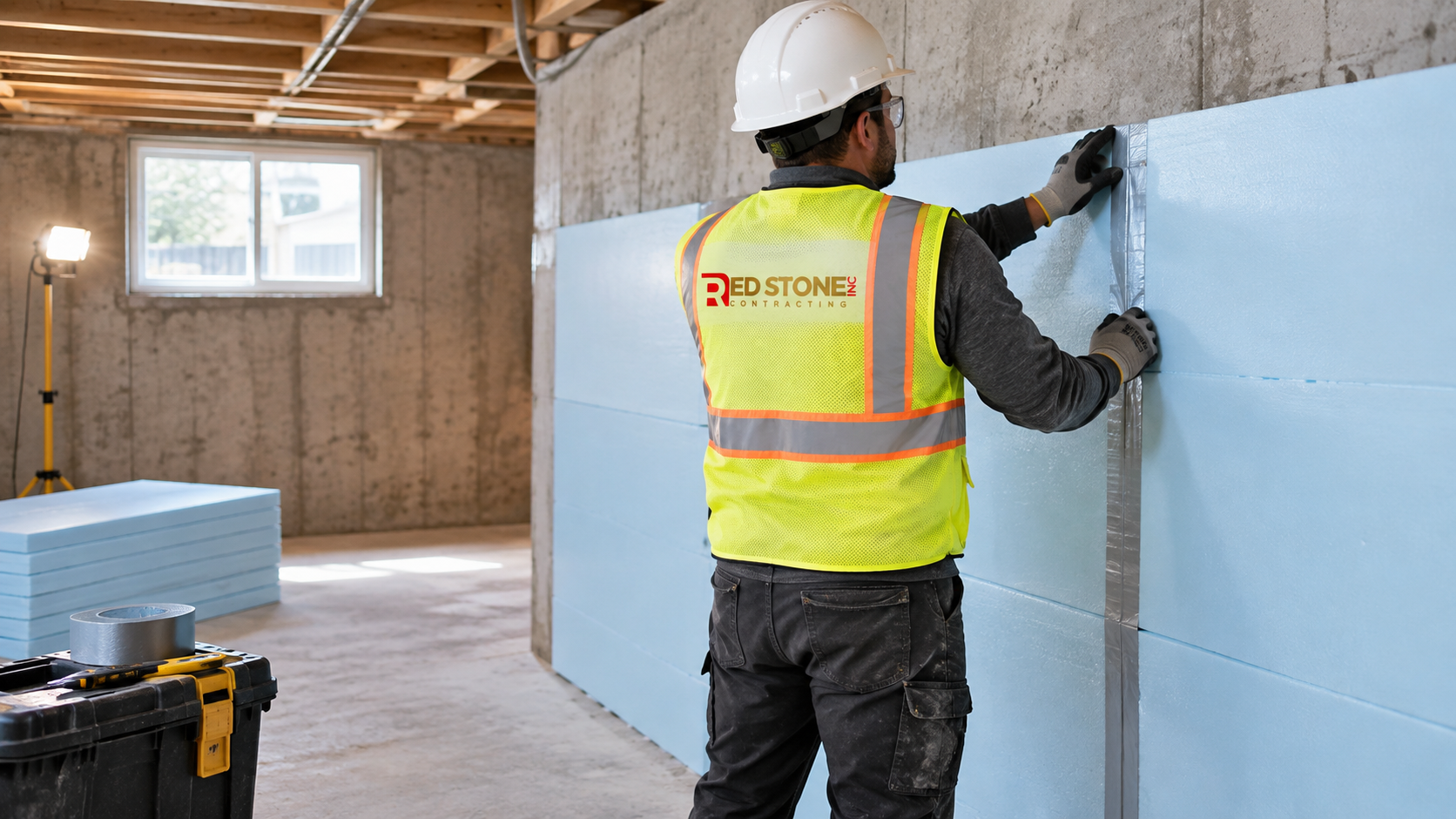 Tradesperson installing rigid insulation on a foundation wall during a basement renovation Milton project