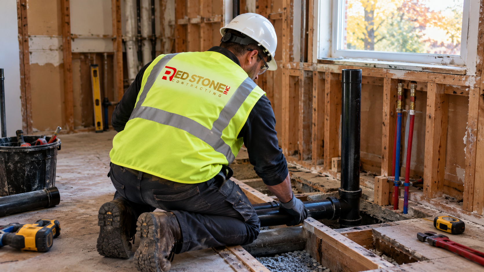 Tradesperson installing new plumbing rough-in during a kitchen renovation Halton Hills project