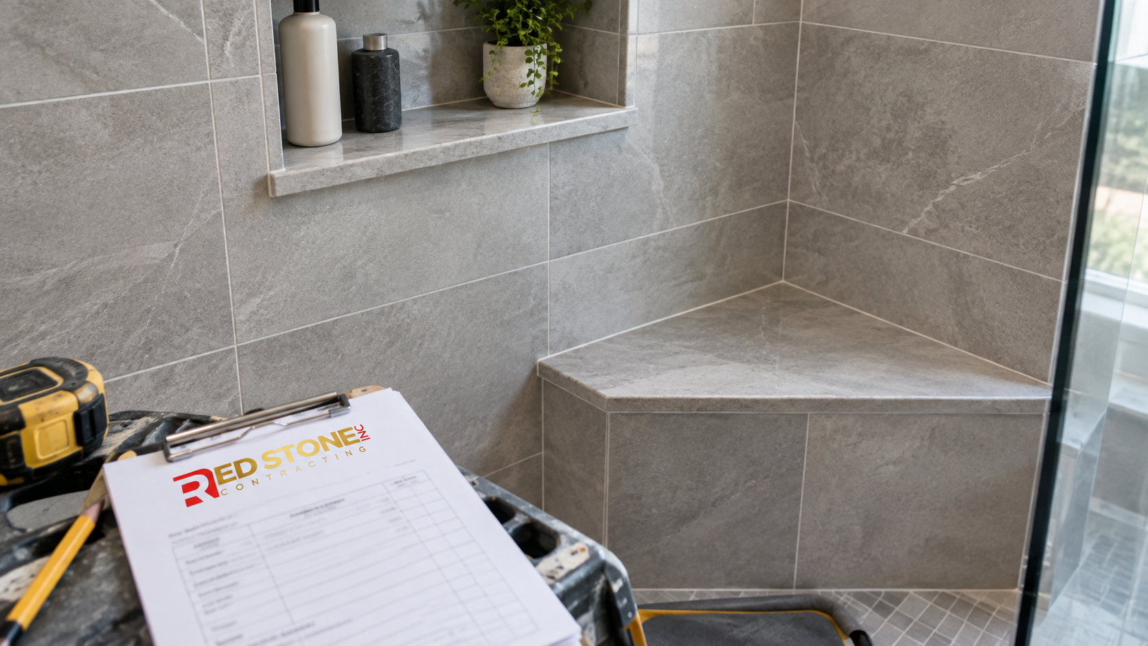 Detail of a tiled shower niche and sloped bench from a bathroom renovation Halton Hills installation