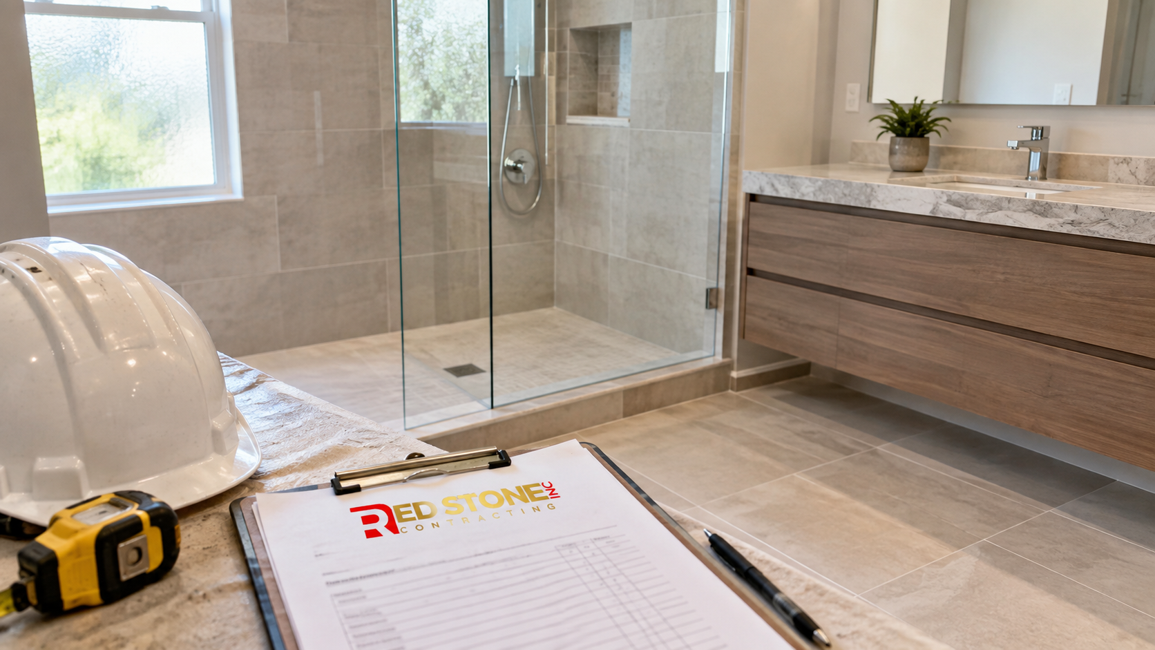Completed main bathroom with tiled shower in a Halton Hills home after a bathroom renovation Halton Hills project