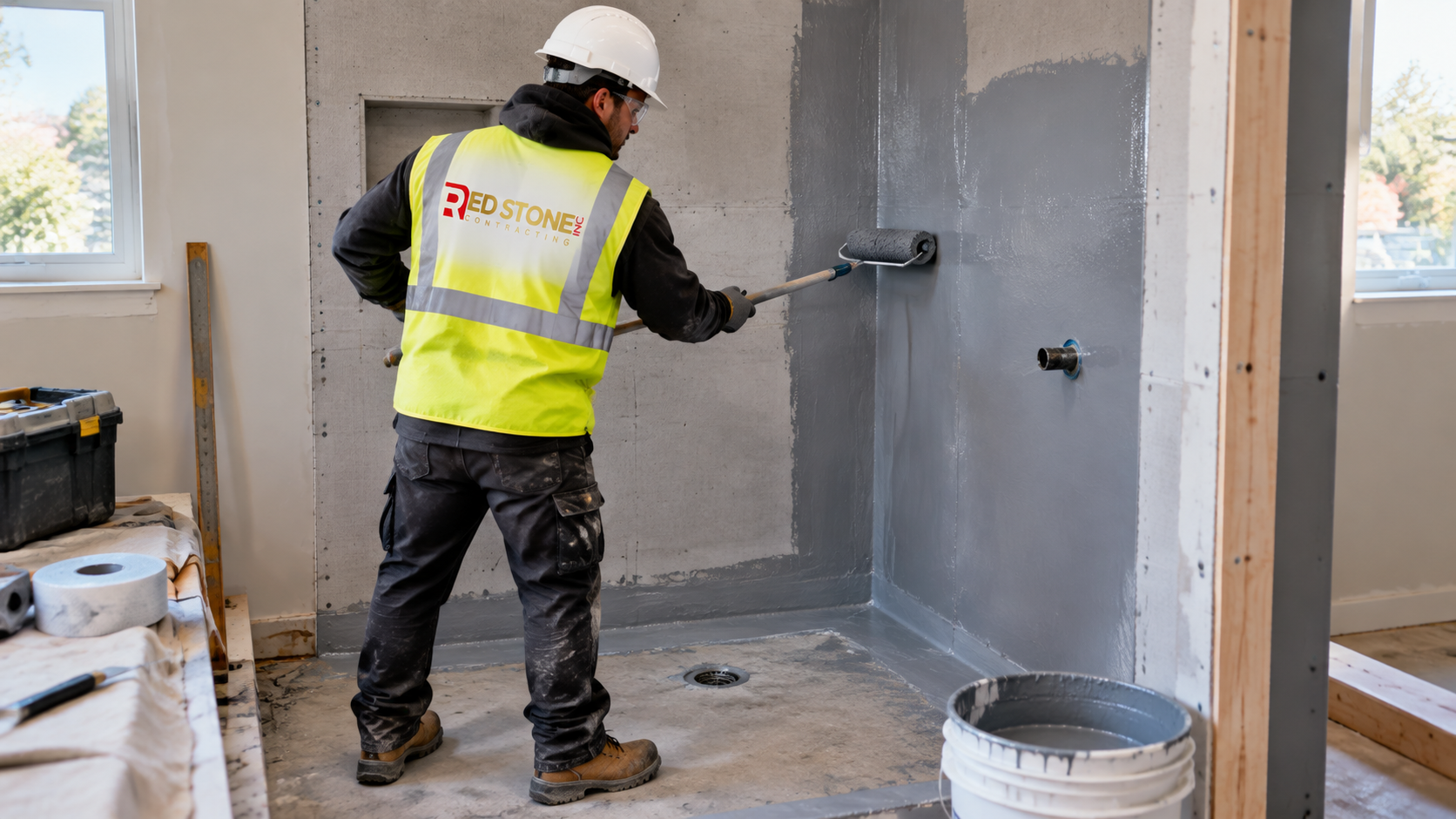 Tradesperson applying waterproofing membrane in a shower during a bathroom renovation Halton Hills project