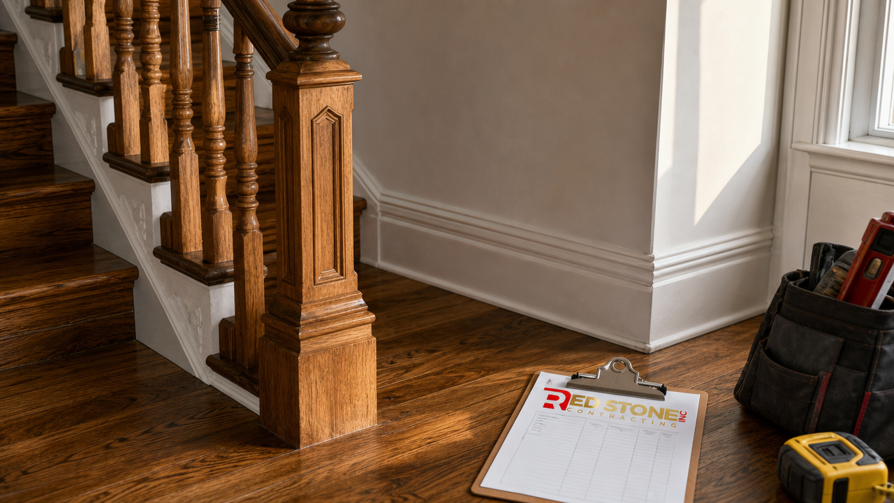 Detail of restored original trim and a refinished staircase from a home renovation Georgetown interior project