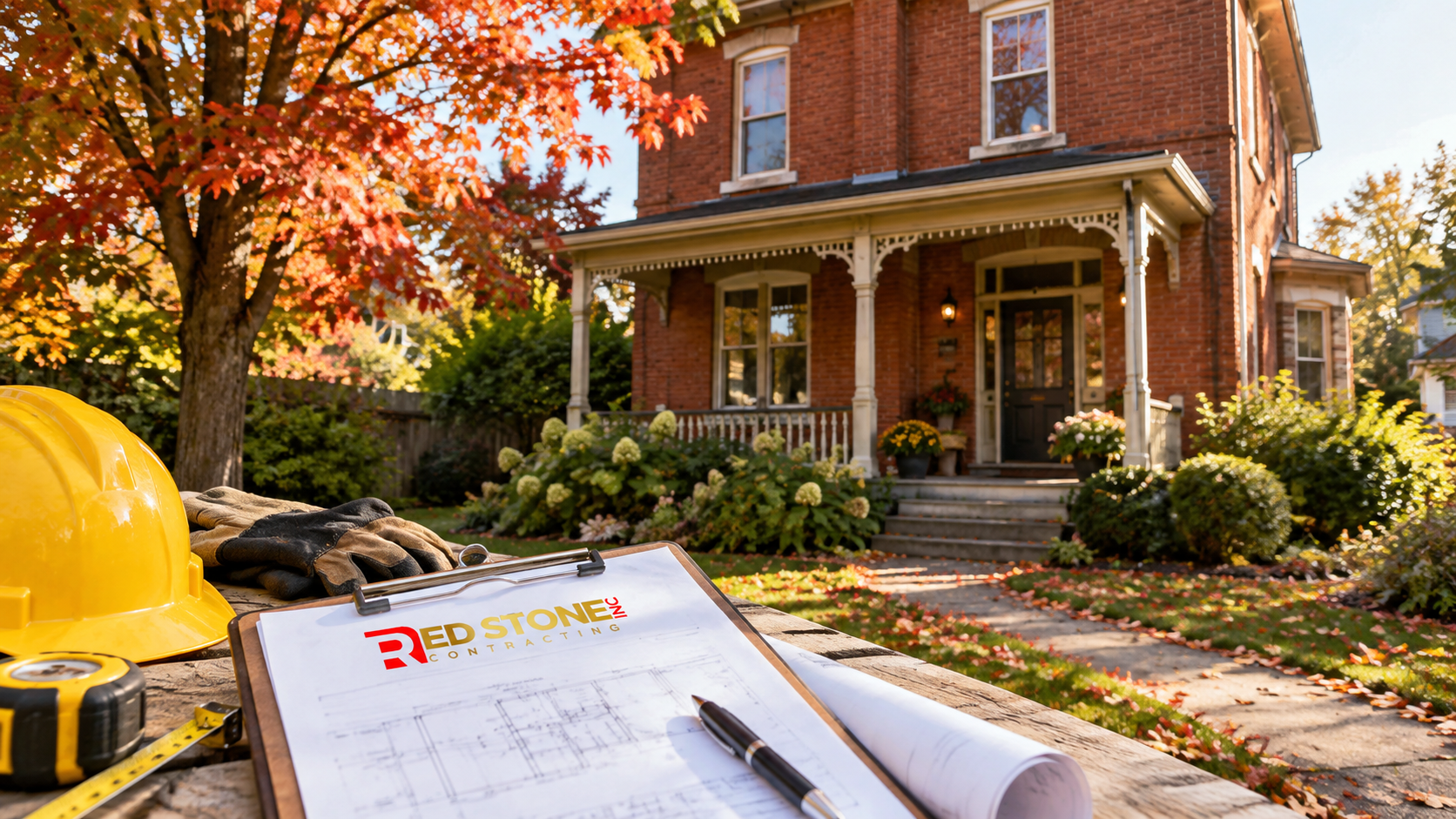 Older brick house on a mature Georgetown street in early autumn before a home renovation Georgetown project