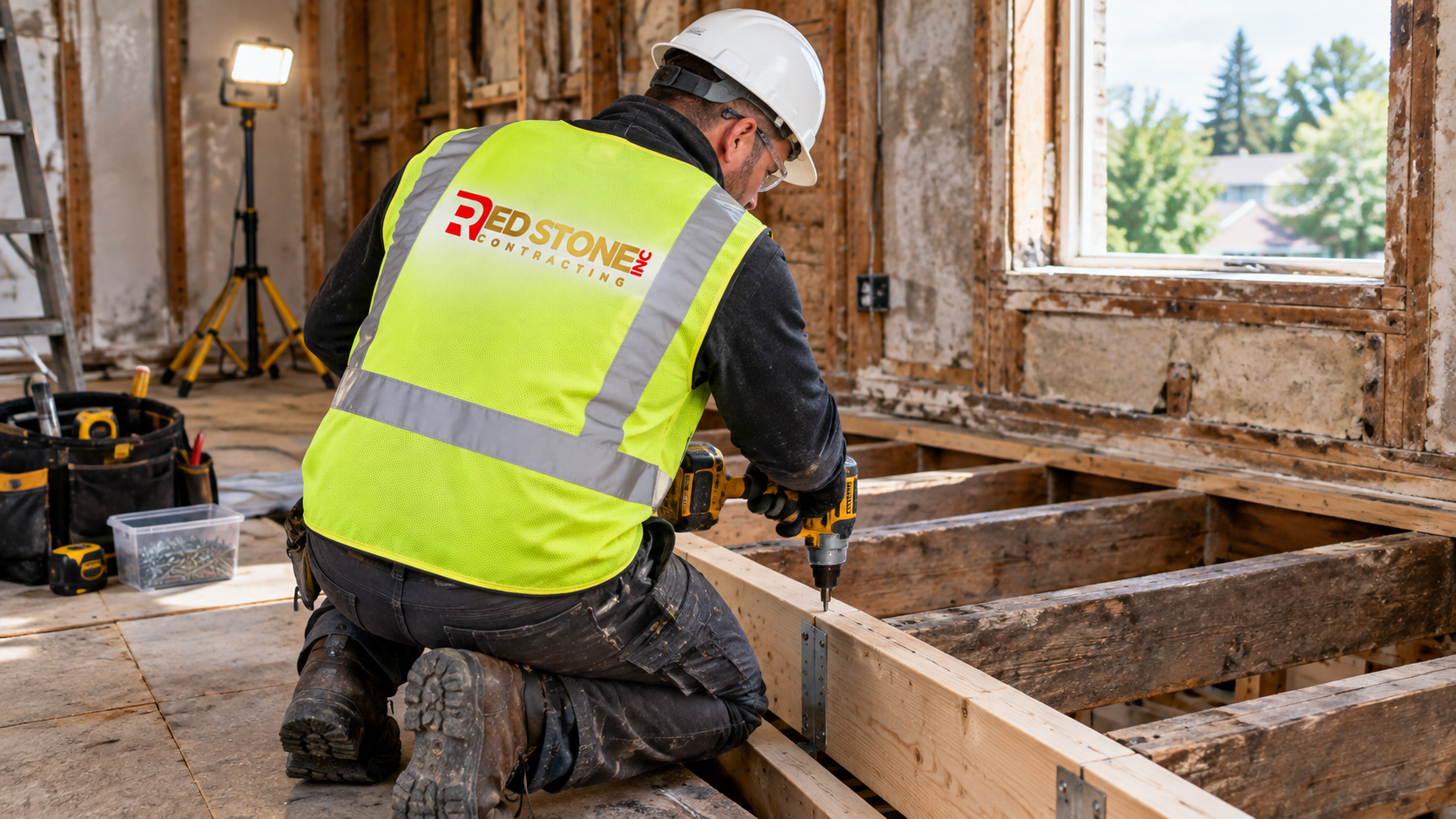 Carpenter sistering floor joists during a home renovation Georgetown project in an older house