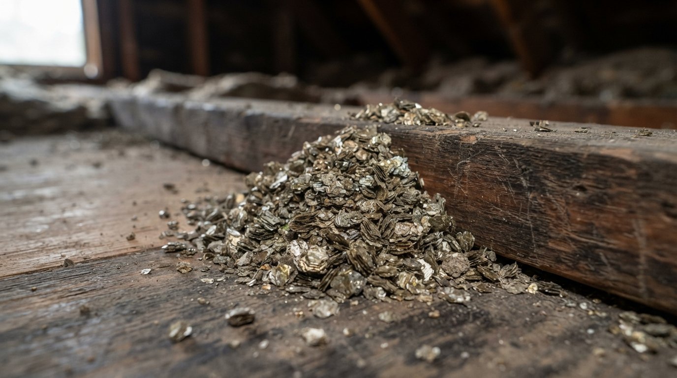 Macro close-up of grey-brown vermiculite granules showing their layered accordion shape against aged attic wood