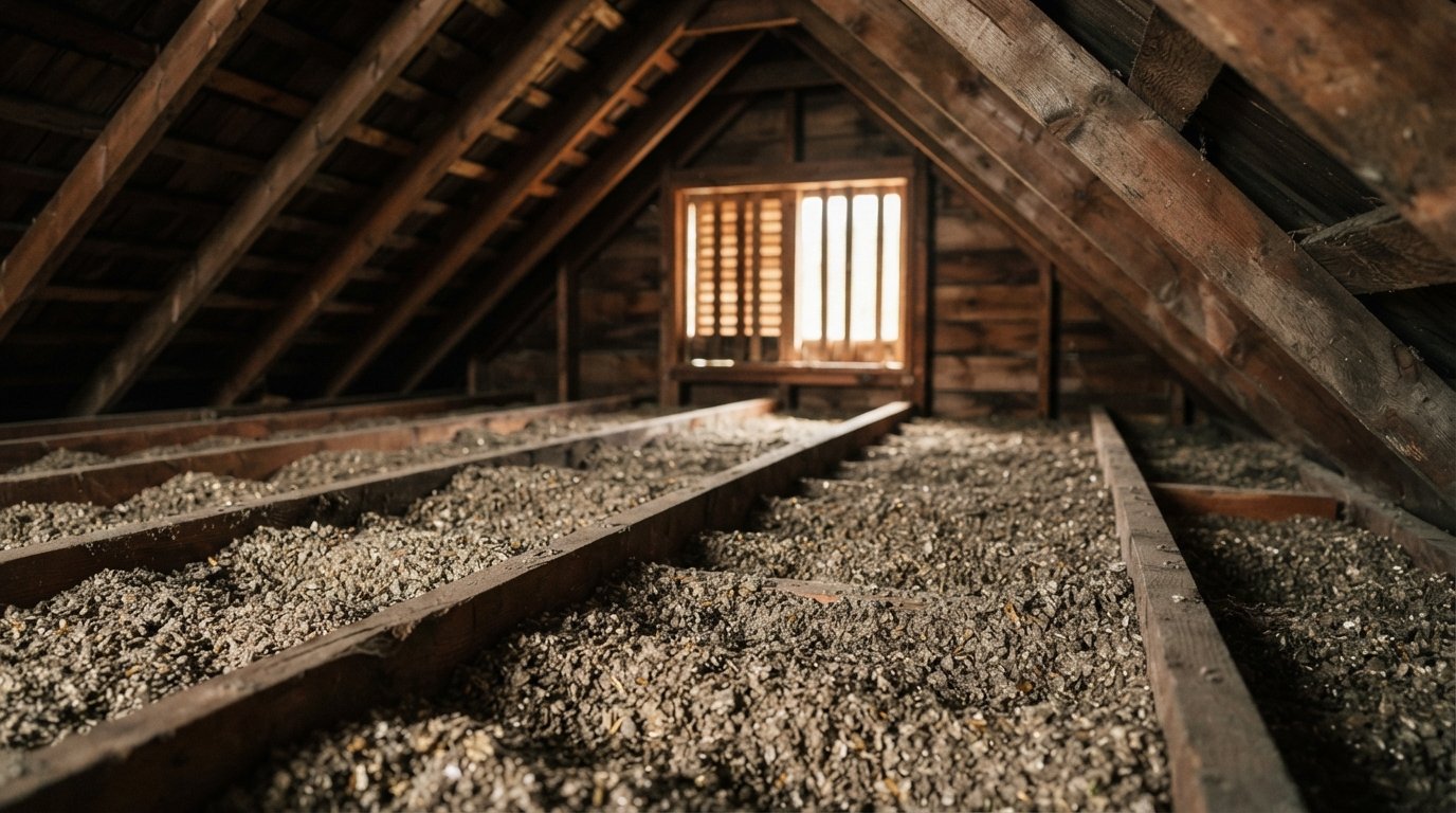 Loose vermiculite insulation spread between wooden attic joists in an older house, lit by daylight from a gable vent