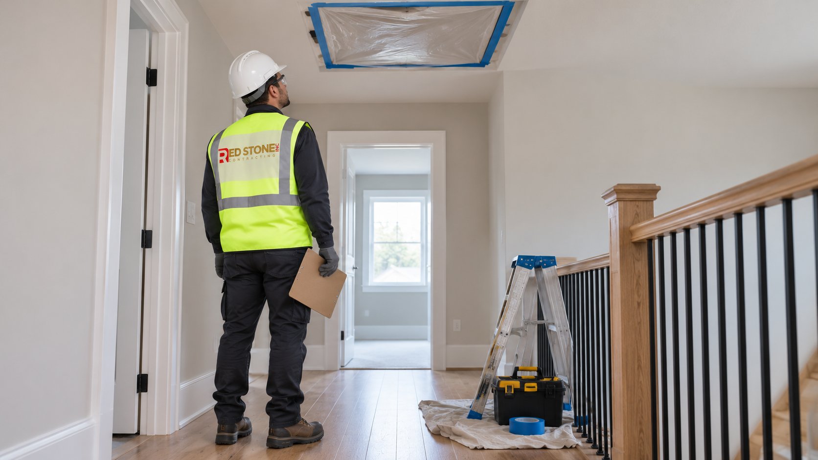 Renovation site supervisor inspecting a sealed attic hatch while planning around vermiculite before ceiling work begins