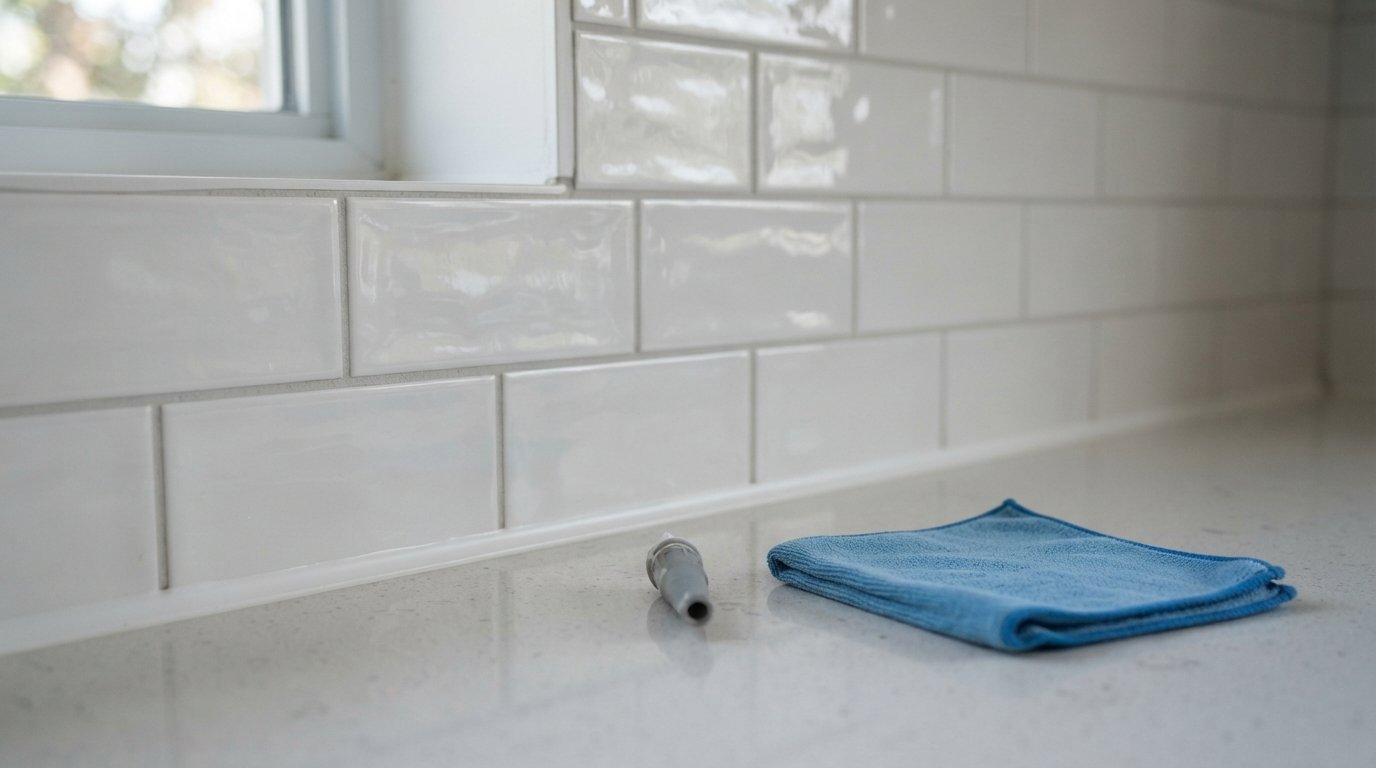 Close-up of a kitchen backsplash meeting a quartz countertop with a neat sealant joint and crisp grout lines