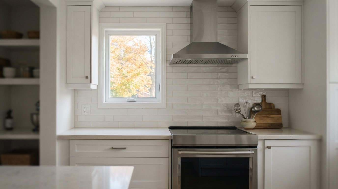 White porcelain kitchen backsplash running from quartz counter to upper cabinets in a bright kitchen with autumn light
