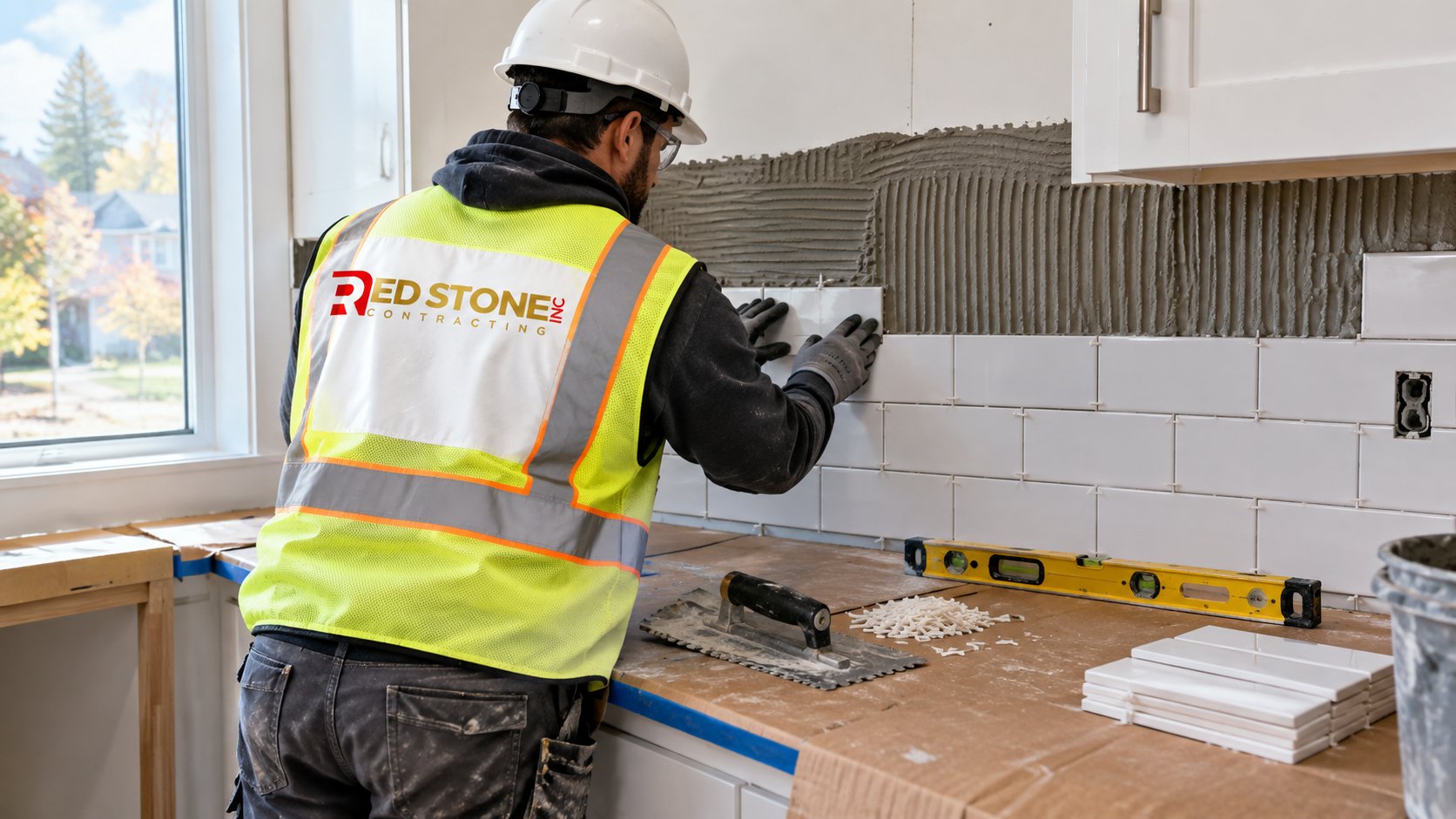 Tile setter pressing white subway tiles into thinset on a kitchen backsplash above a protected quartz countertop