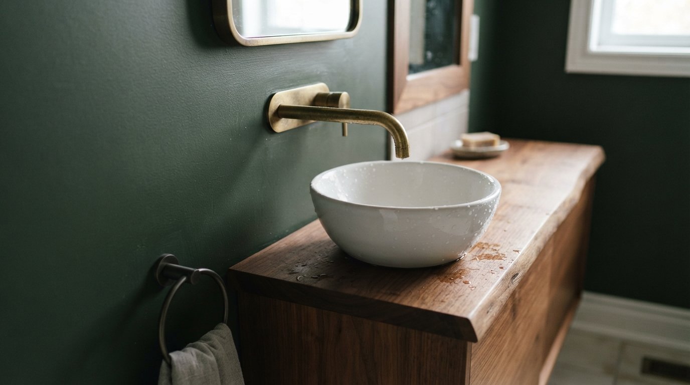 Close-up of a wall-mounted faucet over a compact vessel sink showing detail among modern powder room ideas