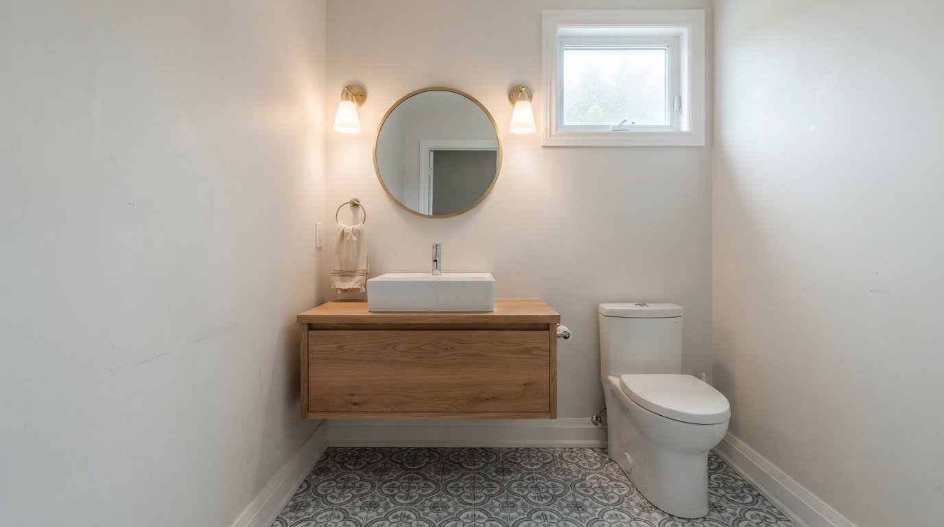 Compact powder room ideas in practice with a wall-hung vanity, round mirror and patterned tile in soft autumn daylight