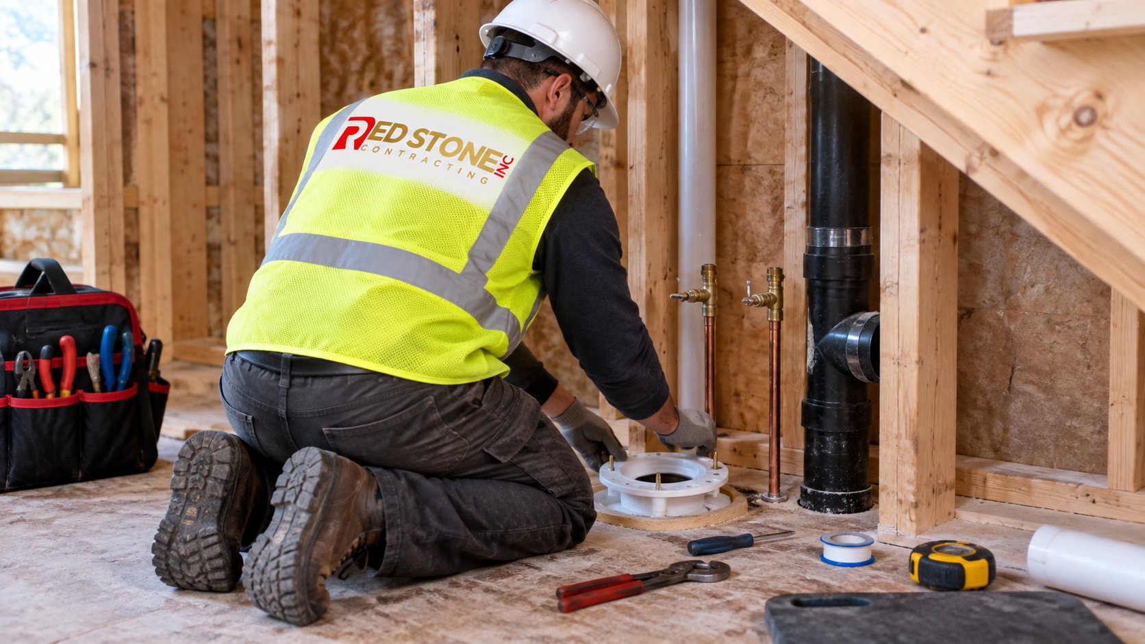 Plumber roughing in a toilet drain and water supply in a framed under-stair space for new powder room ideas