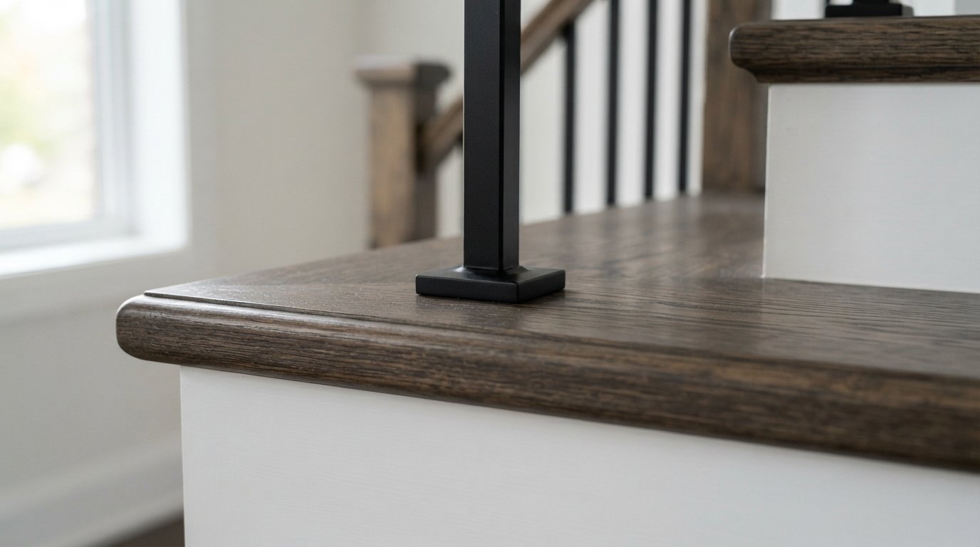 Close-up of a black metal baluster shoe on a stained oak tread, a detail common to modern stair railing ideas