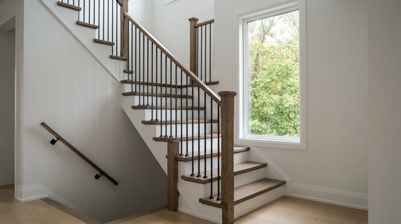 Updated staircase showing stair railing ideas with black metal balusters, white risers and stained oak treads in autumn light