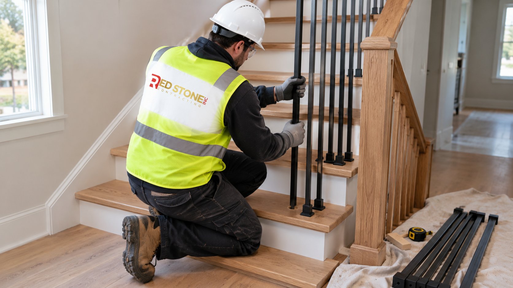Finish carpenter fitting a new metal baluster into an oak stair tread while carrying out stair railing ideas