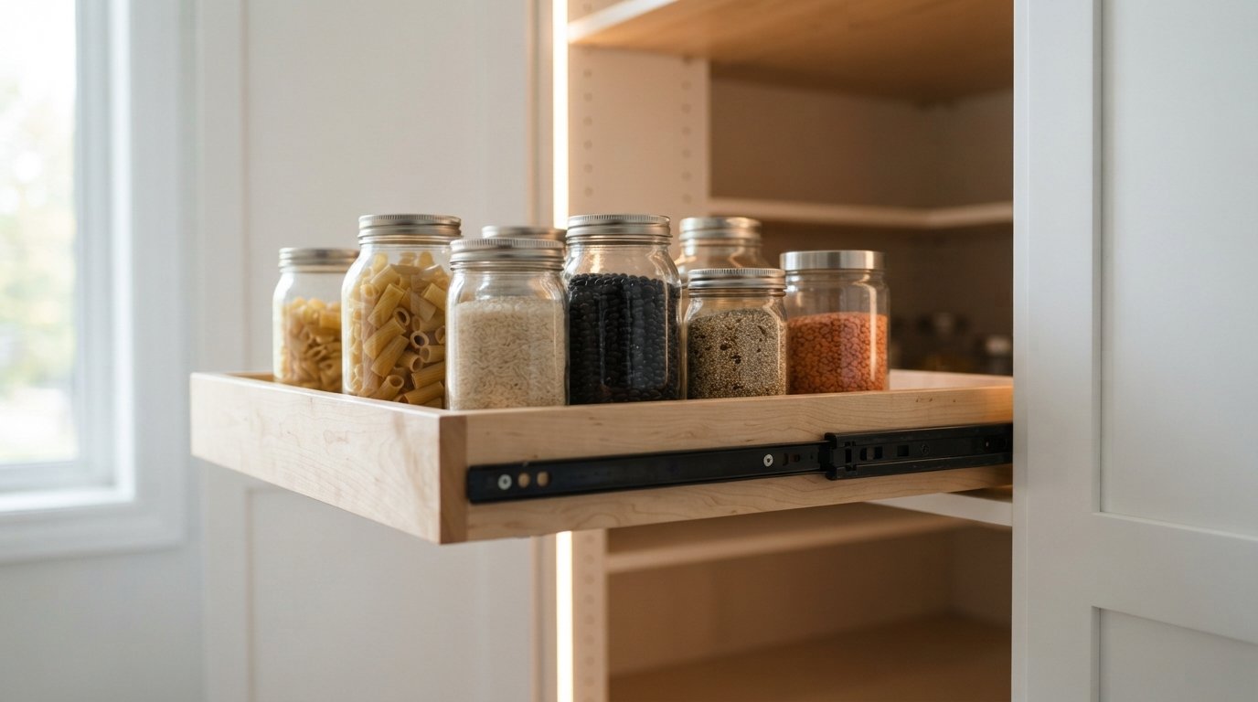Close-up of a full-extension roll-out shelf in a tall kitchen pantry cabinet holding clear glass storage jars