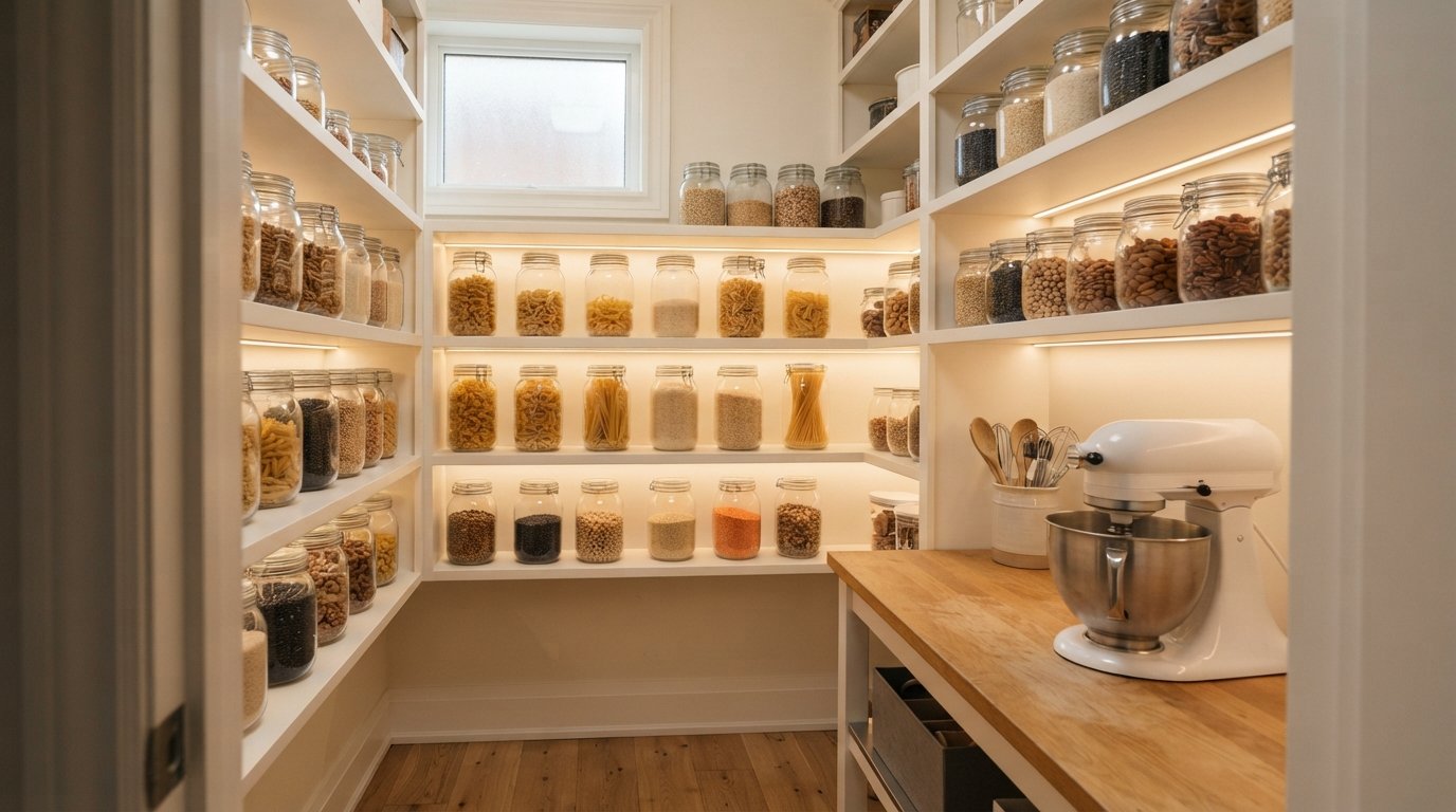 Walk-in kitchen pantry with white shelving, labelled jars and a countertop for small appliances in soft autumn light
