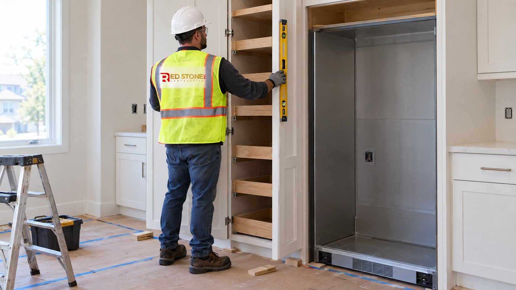 Cabinet installer levelling a tall kitchen pantry cabinet with pull-out shelves beside a refrigerator opening