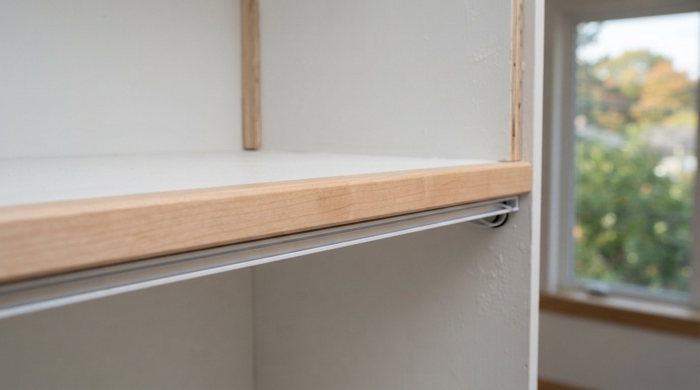 Close-up of a painted shelf edge with a solid wood nosing and hidden LED channel on built-in bookshelves