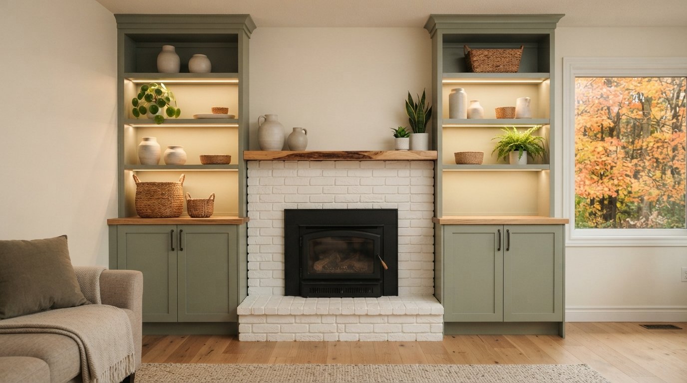Painted built-in bookshelves on both sides of a fireplace with lower cabinets and warm shelf lighting in autumn daylight
