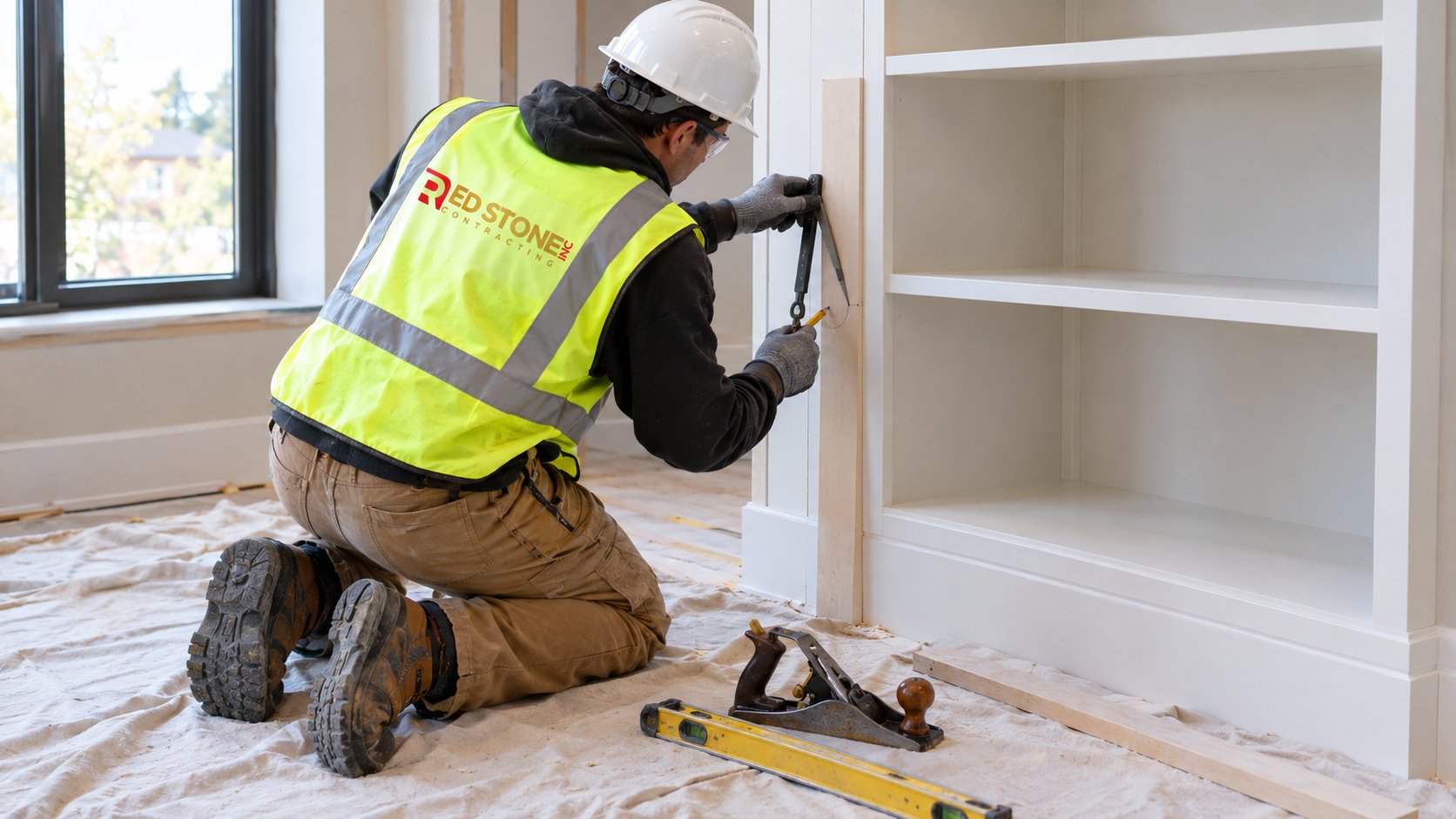 Finish carpenter scribing a filler strip to an uneven wall while installing built-in bookshelves in a living room
