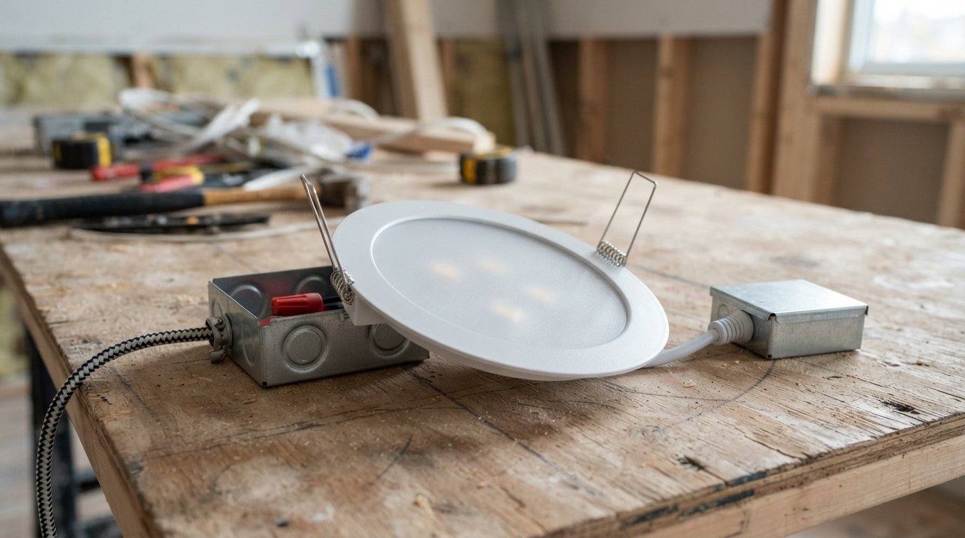Close-up of a slim LED wafer for pot lights with its remote junction box and spring clips