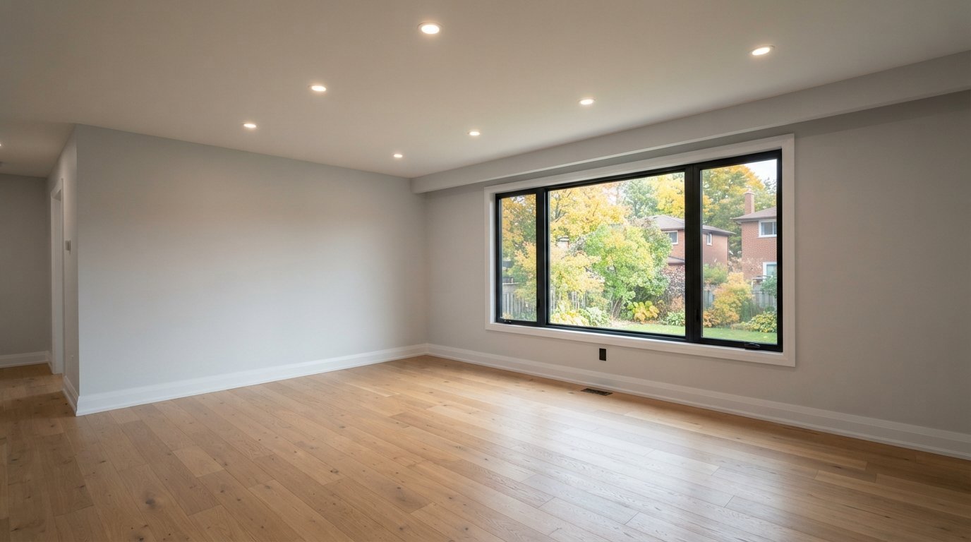 Living room ceiling with evenly spaced pot lights casting soft warm light across freshly painted walls