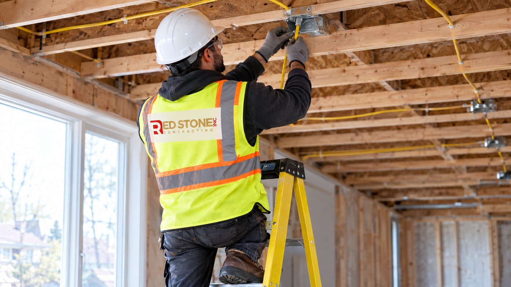 Electrician on a ladder connecting a junction box for pot lights between exposed ceiling joists during a renovation