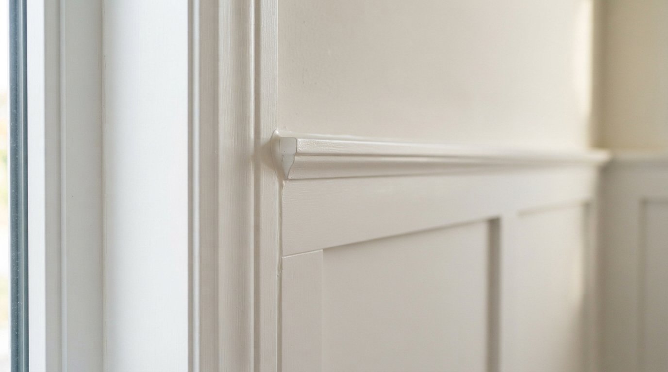 Close-up of a mitred wainscoting cap rail meeting a window casing with a clean return