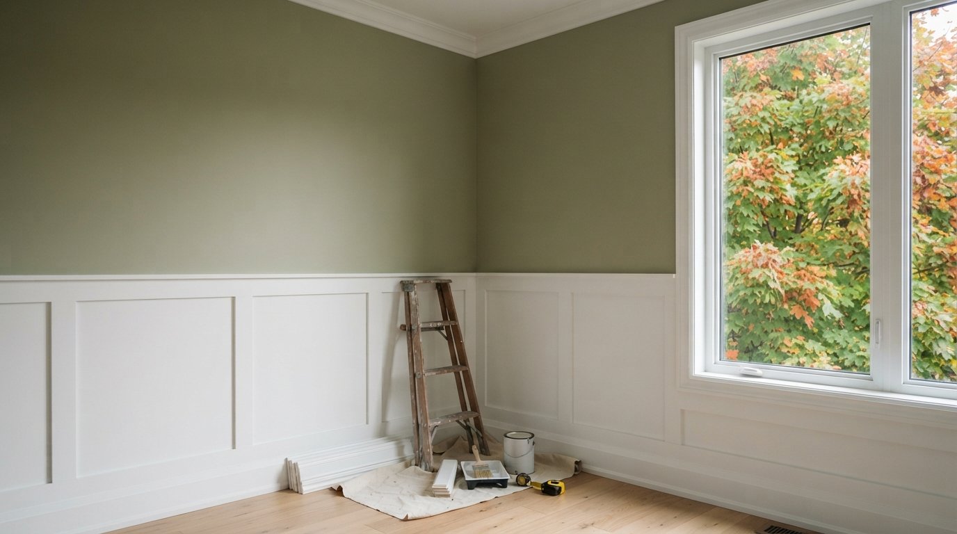 Dining room with white Shaker style wainscoting below a painted wall and a simple cap rail