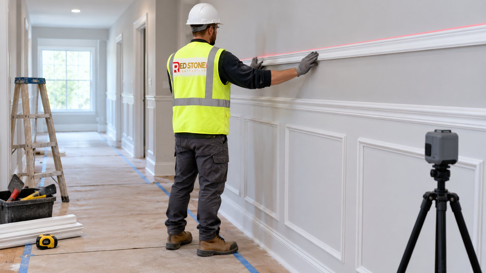 Carpenter levelling a rail for wainscoting on a hallway wall with a laser line
