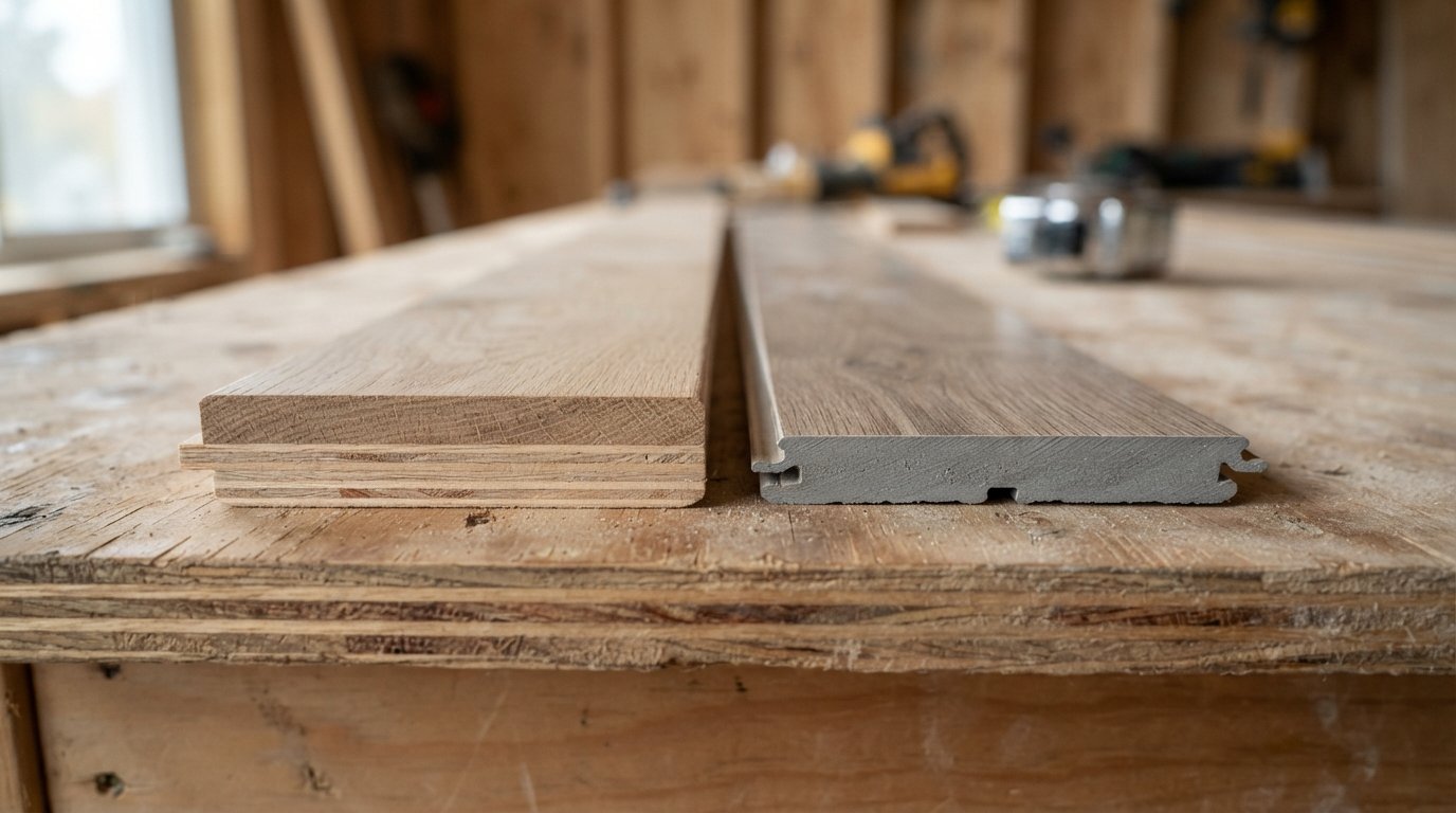 Cross-section of engineered hardwood plank showing wood wear layer over plywood core beside a vinyl plank