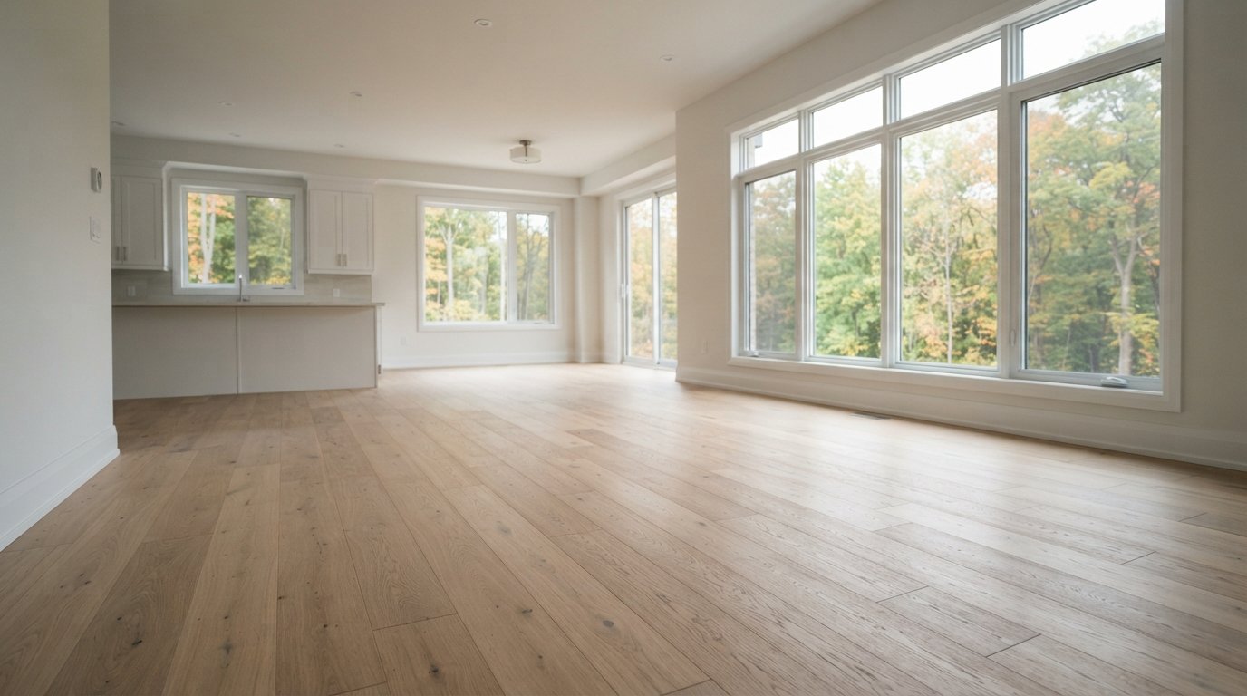 Open living area with wide plank engineered hardwood flooring in natural white oak under autumn daylight