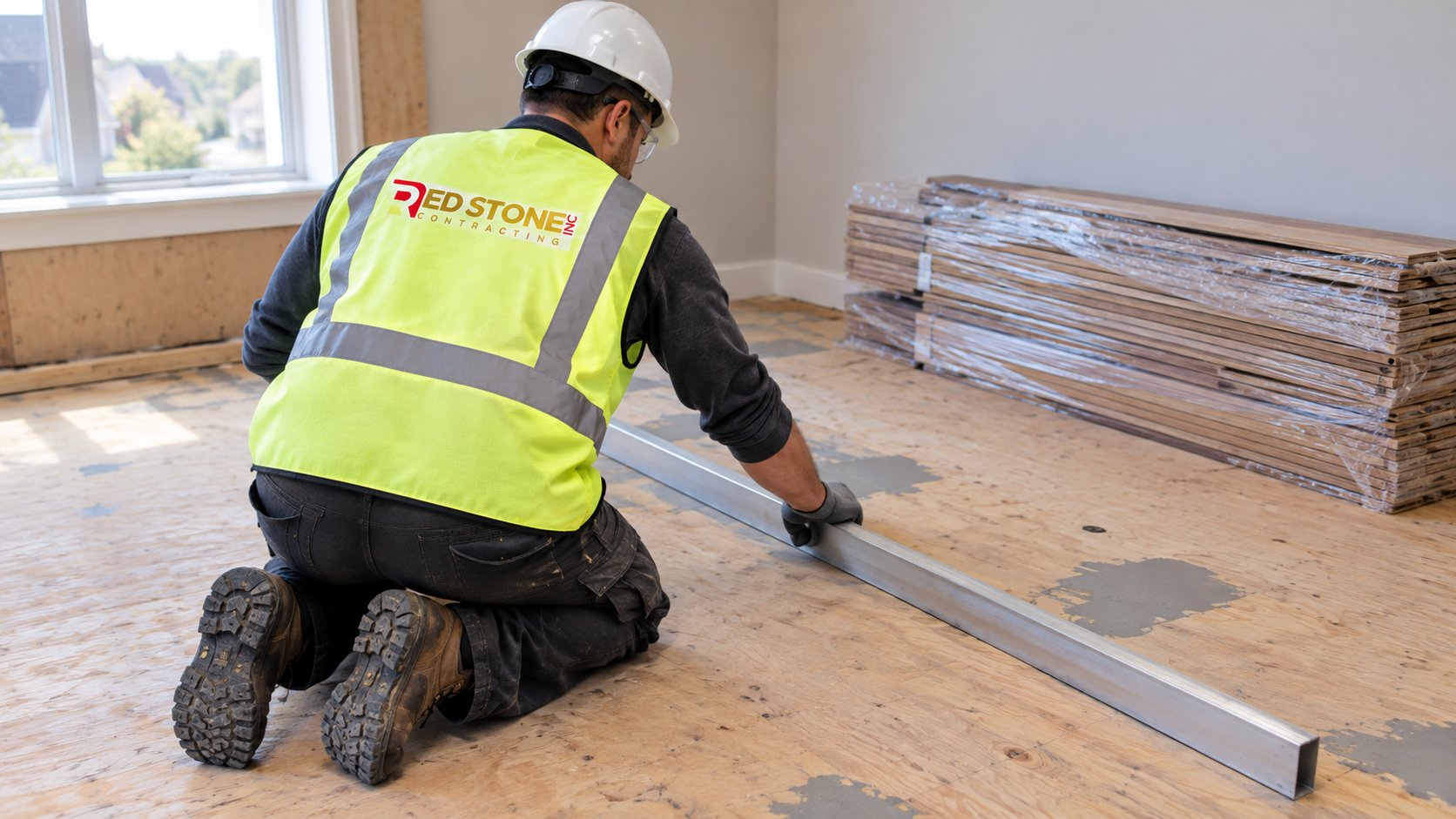 Flooring installer checking subfloor flatness with a long straightedge before laying engineered hardwood