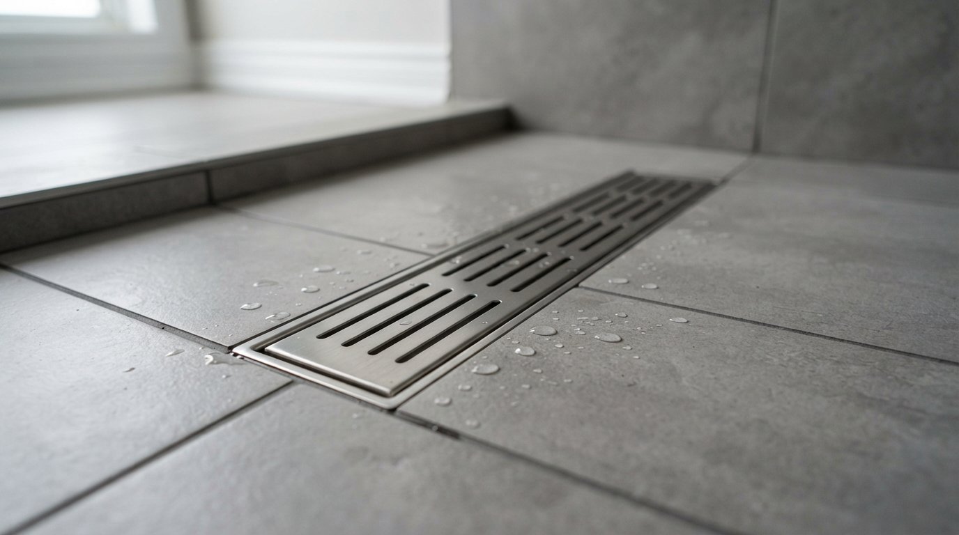 Close-up of a stainless steel linear drain set into a sloped tiled shower floor after a tub to shower conversion