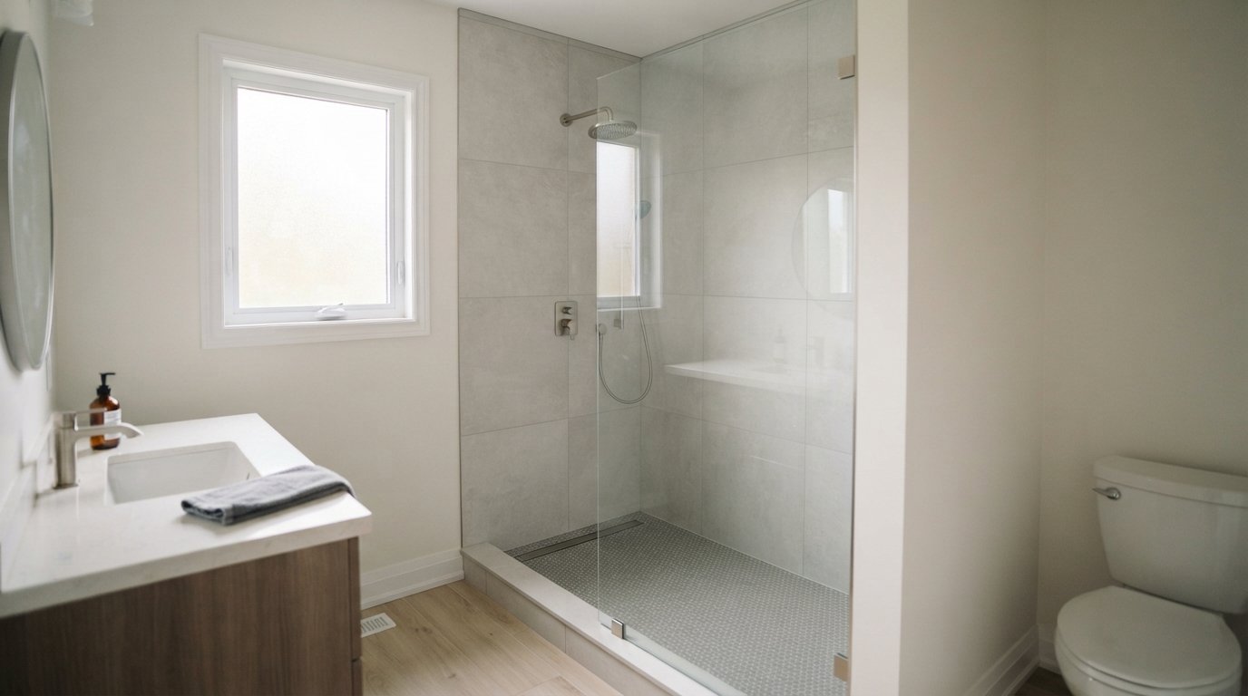 Walk-in shower built in a former tub alcove after a tub to shower conversion with large tile and a clear glass panel