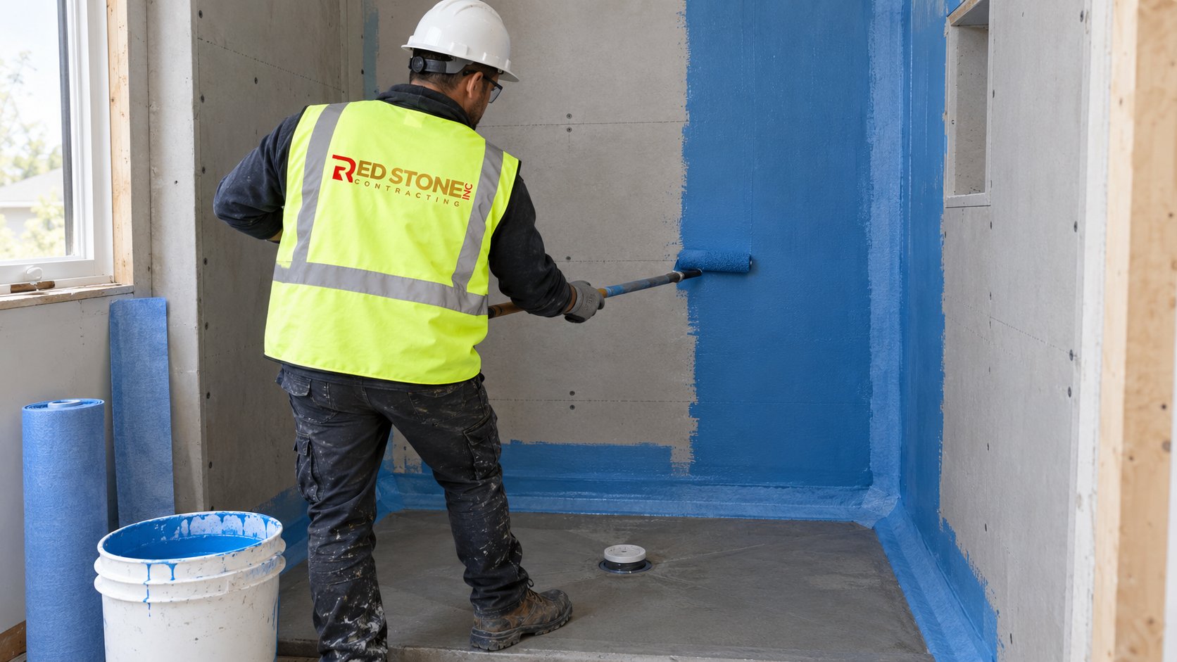 Tile setter applying liquid waterproofing membrane to shower walls during a tub to shower conversion