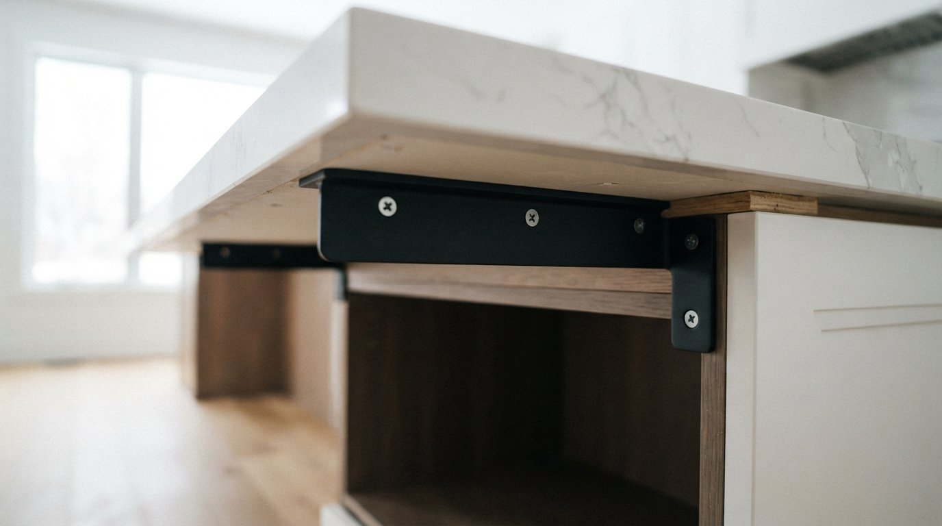 Close-up of a quartz island overhang with a steel support bracket, one of the practical kitchen island ideas for seating